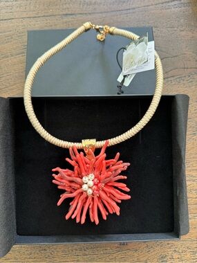 NWT Handmade Gardenia Gold-Tone Necklace with Red Coral Flower Pendant